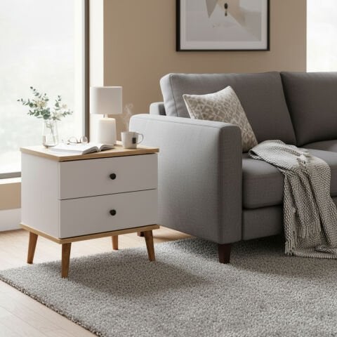 Luce Yan Sehpa Çekmeceli Beyaz Meşe