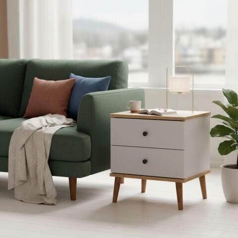 Luce Yan Sehpa Çekmeceli Beyaz Meşe