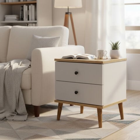 Luce Yan Sehpa Çekmeceli Beyaz Meşe