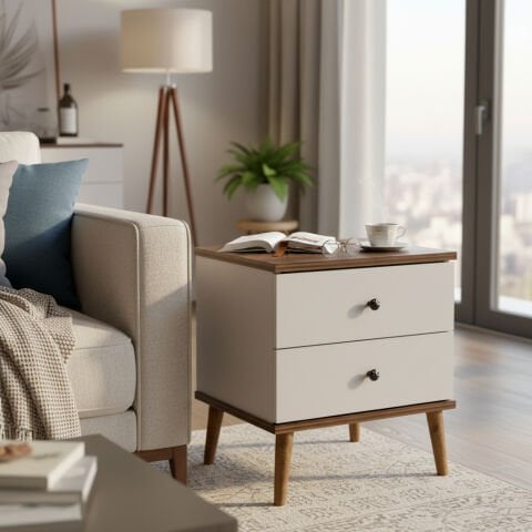 Luce Yan Sehpa Çekmeceli Beyaz Ceviz