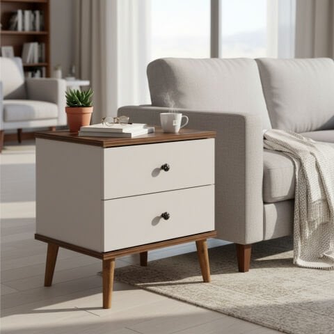 Luce Yan Sehpa Çekmeceli Beyaz Ceviz