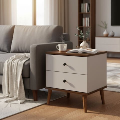 Luce Yan Sehpa Çekmeceli Beyaz Ceviz