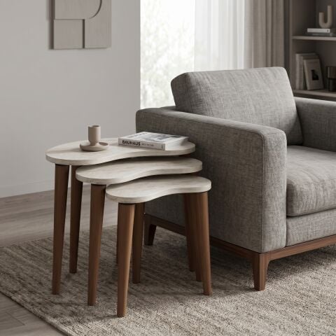 Bean 3'lü Zigon Sehpa Traverten