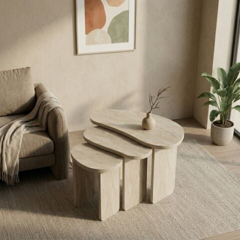 Stones 3'lü Zigon Sehpa Traverten