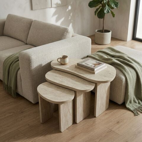 Stones 3'lü Zigon Sehpa Traverten