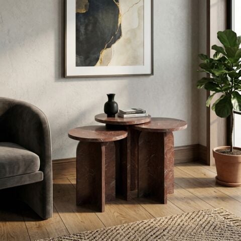 Nala 3'lü Zigon Sehpa Vişne Mermer