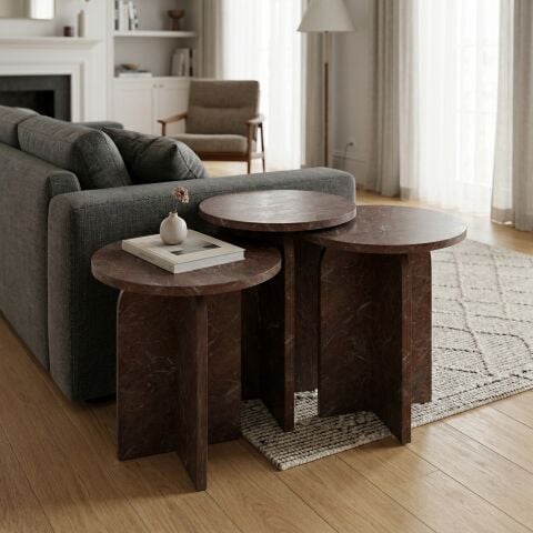 Nala 3'lü Zigon Sehpa Vişne Mermer