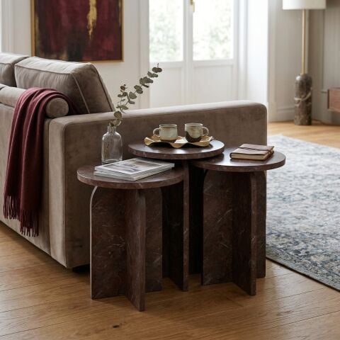 Nala 3'lü Zigon Sehpa Vişne Mermer