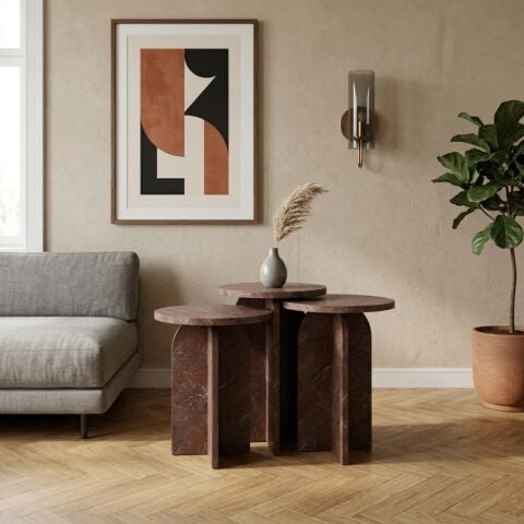 Nala 3'lü Zigon Sehpa Vişne Mermer