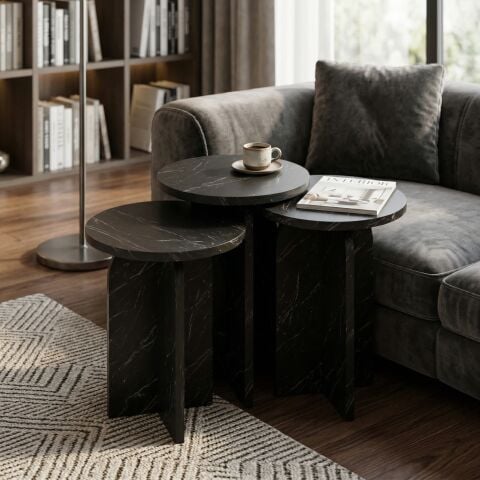 Nala 3'lü Zigon Sehpa Bendir Mermer