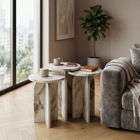 Nala 3'lü Zigon Sehpa Efes Mermer