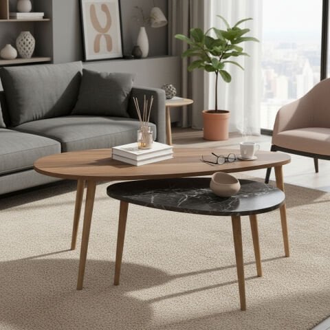 Egg Orta Sehpa Ceviz-Bendir Mermer