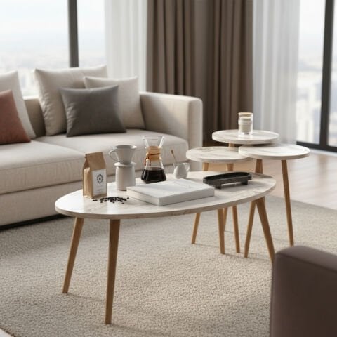 Elips Orta Sehpa & Zigon Sehpa Salon Seti Efes Mermer