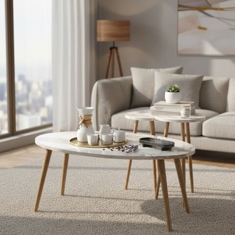 Elips Orta Sehpa & Zigon Sehpa Salon Seti Efes Mermer