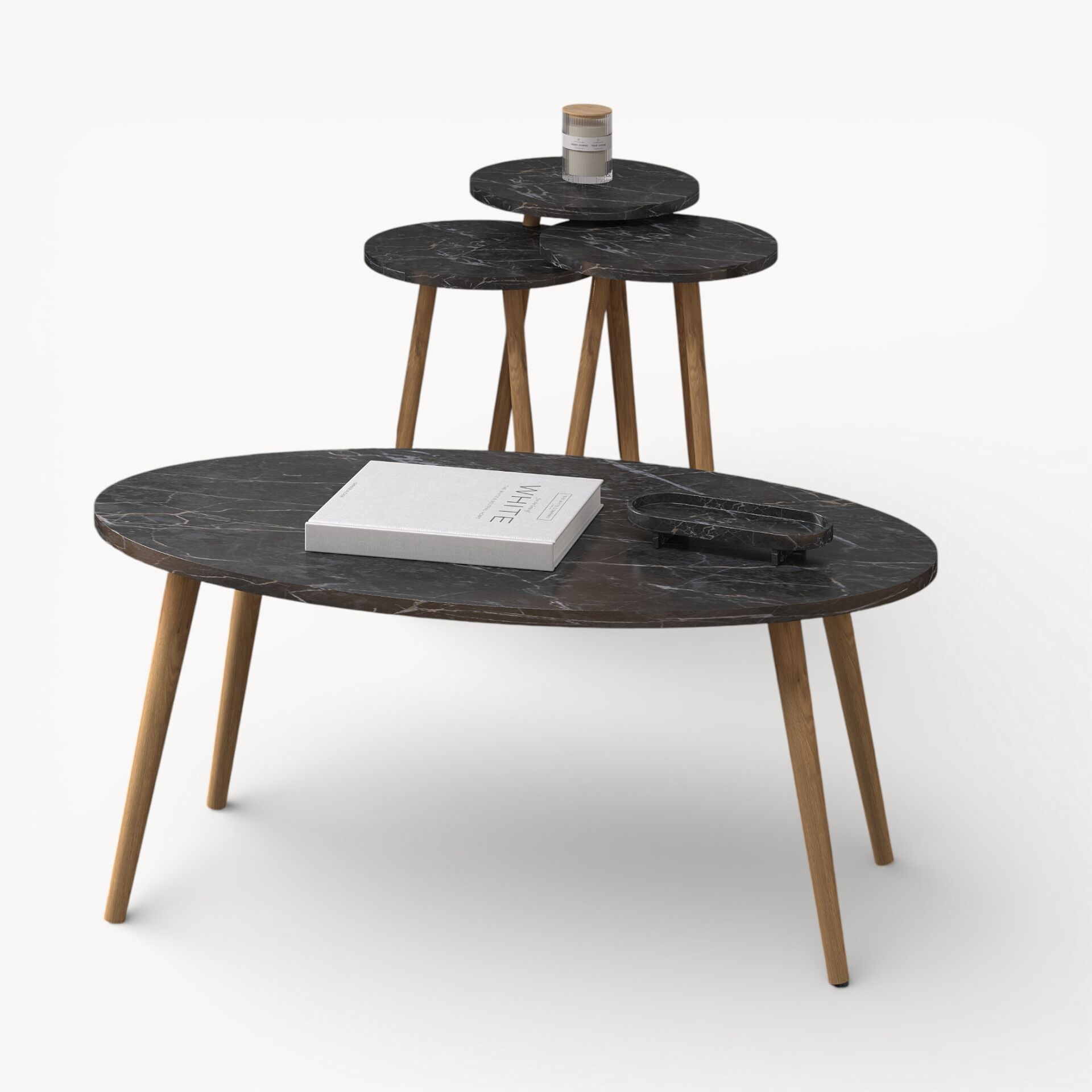 Elips Orta Sehpa & Zigon Sehpa Salon Seti Bendir Mermer