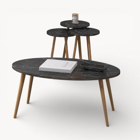 Elips Orta Sehpa & Zigon Sehpa Salon Seti Bendir Mermer