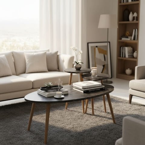 Elips Orta Sehpa & Zigon Sehpa Salon Seti Bendir Mermer