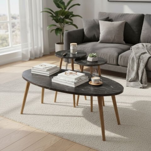 Elips Orta Sehpa & Zigon Sehpa Salon Seti Bendir Mermer