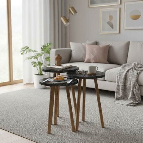 Elips Orta Sehpa & Zigon Sehpa Salon Seti Bendir Mermer